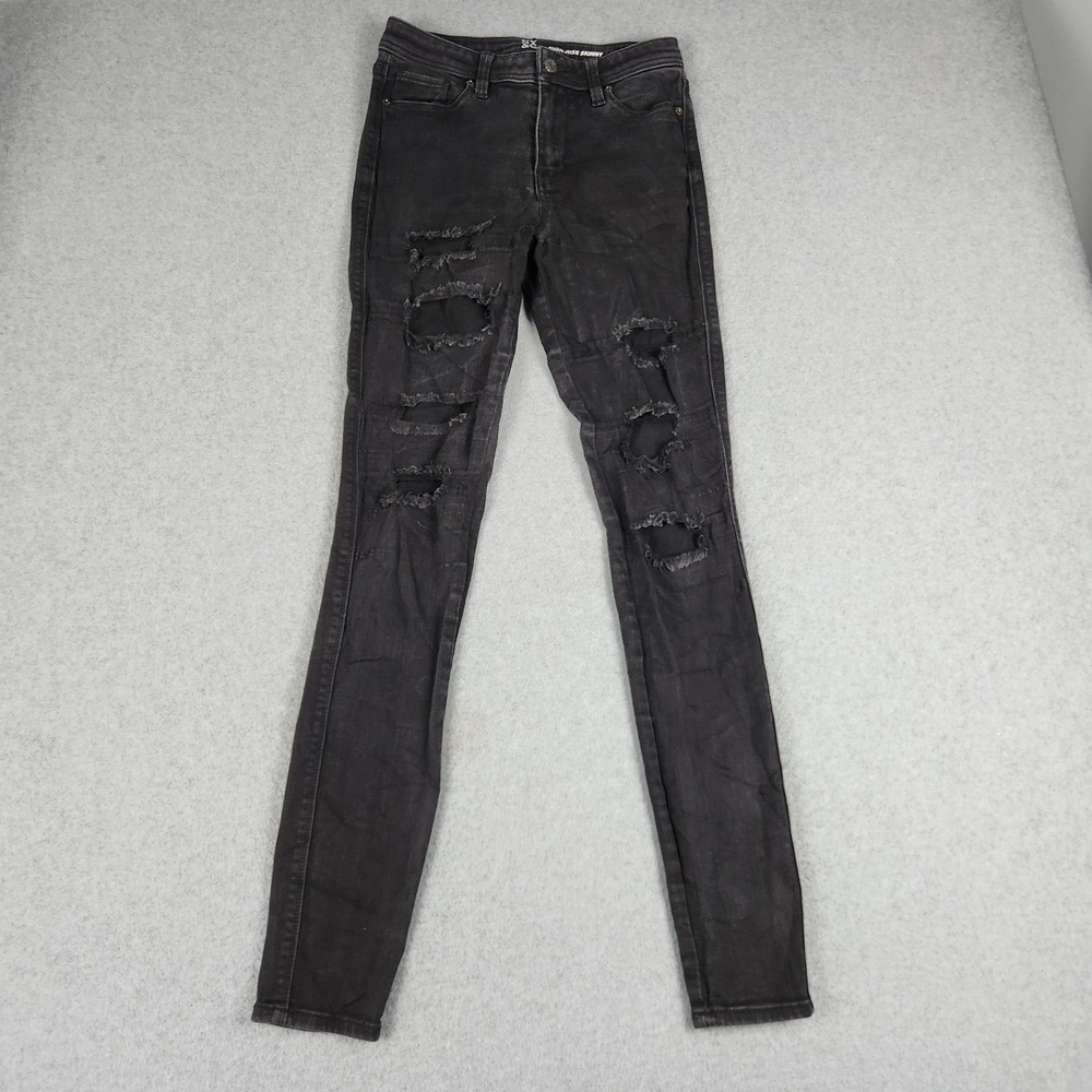NY&C High-Rise Skinny Jeans Womens 4 Tall Black Denim Super‎ Stretch Distressed